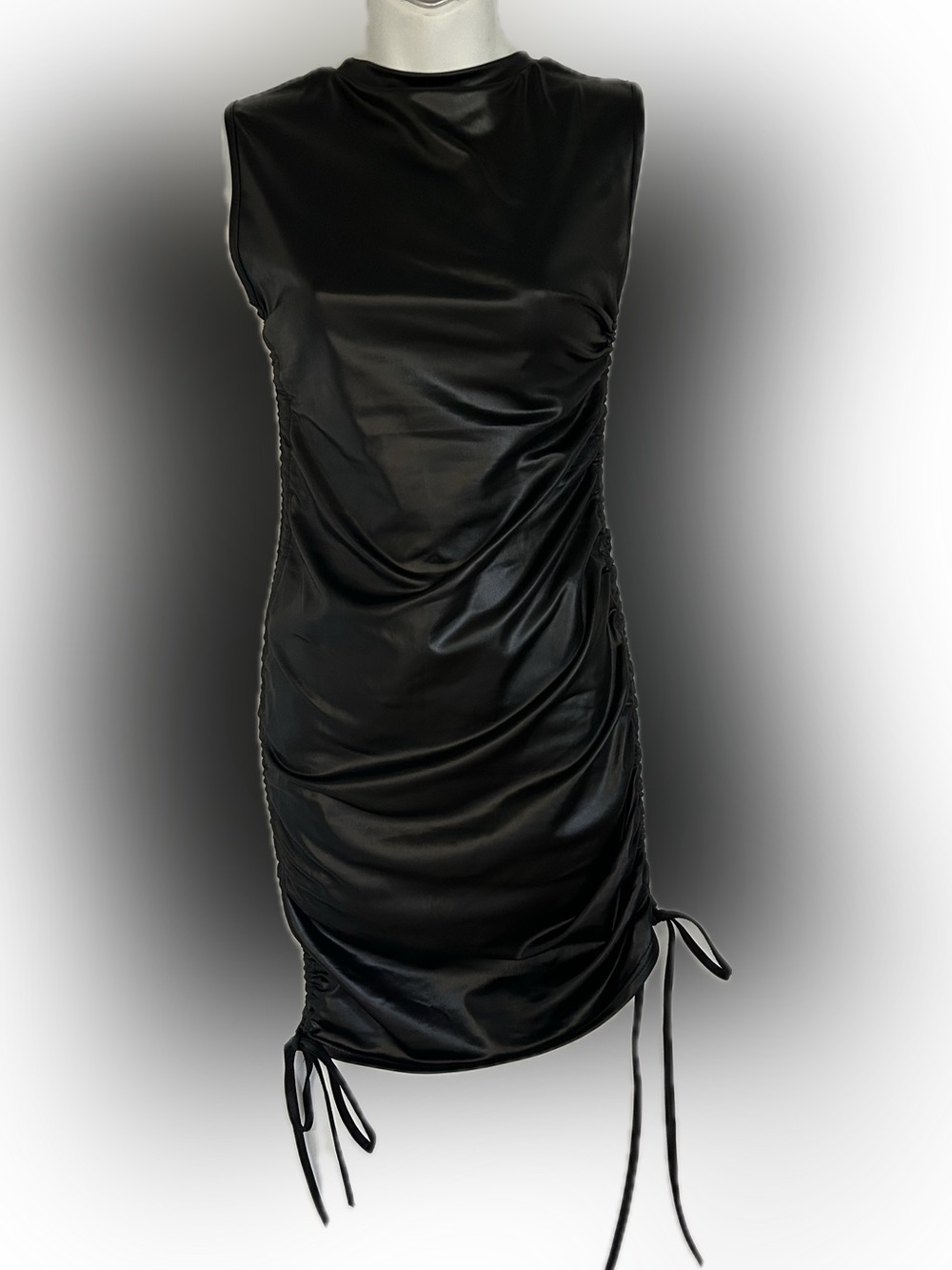 Amazon Black Faux Leather Ruched Mini Dress size Small